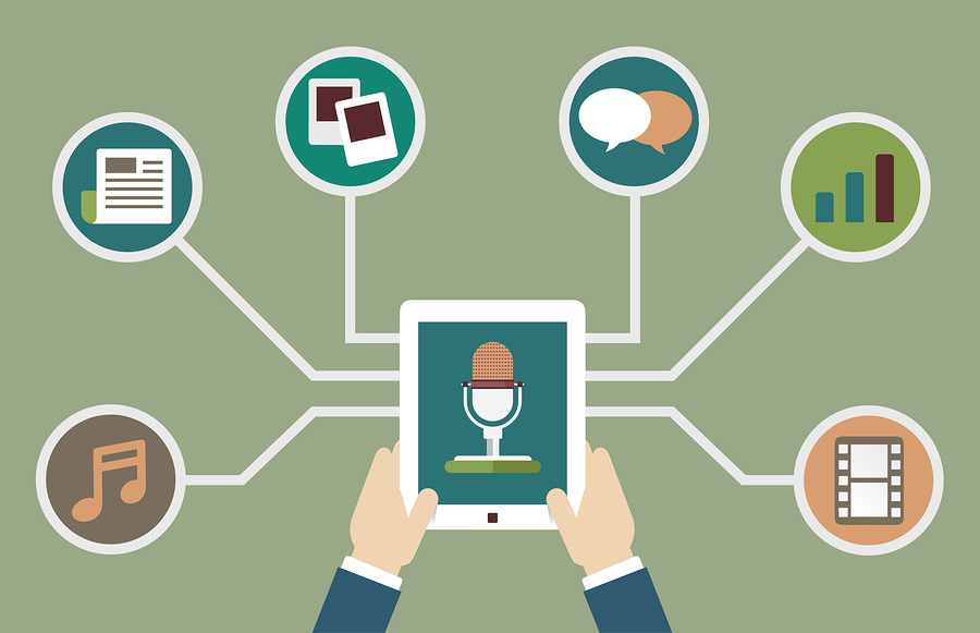 User Holding Tablet Pc With Audio Podcast With Different Formats